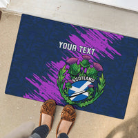 Navy rubber doormat with purple brush stripes, Scotland crest and your text, with shoes