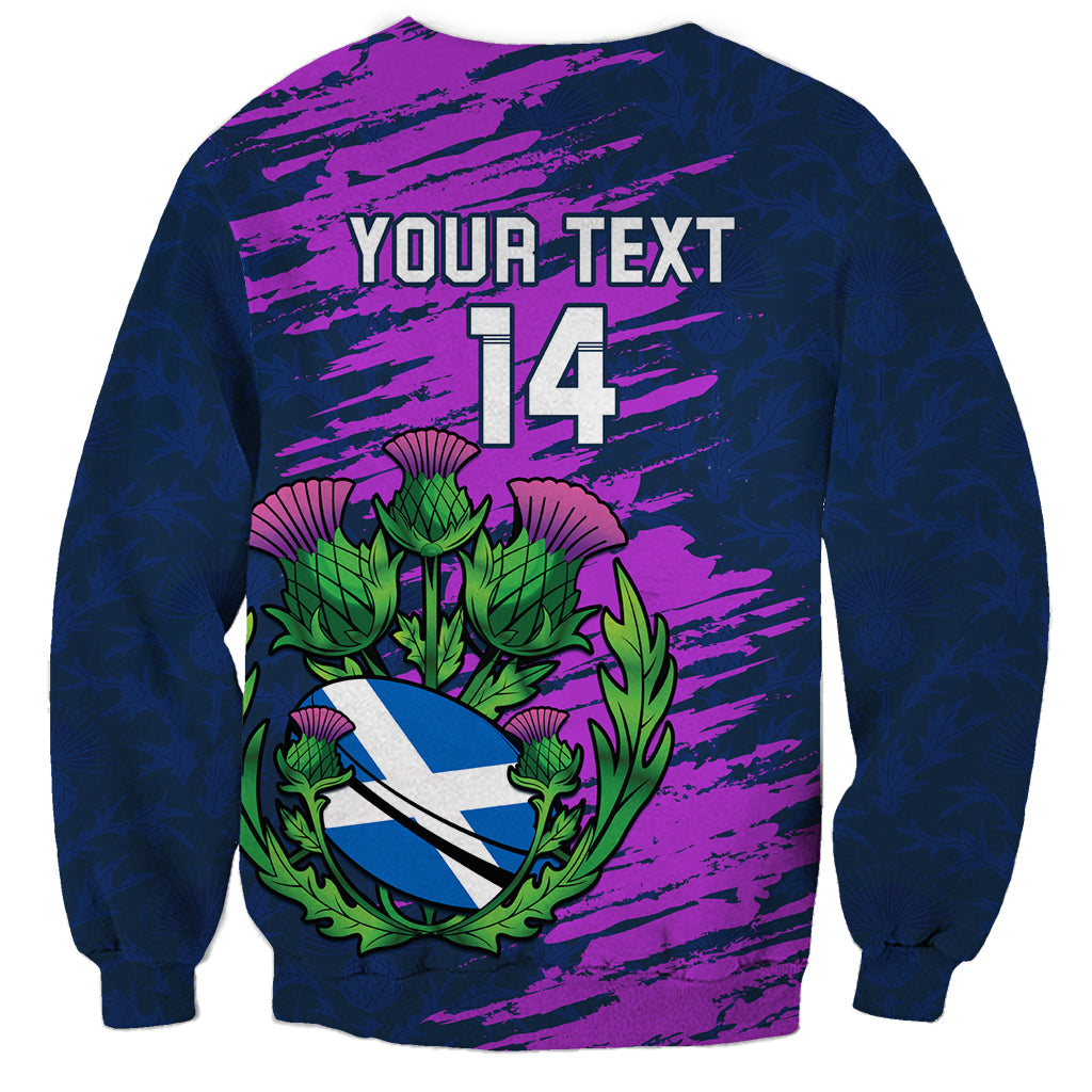 Navy sweatshirt with purple brushprint, 'YOUR TEXT' and 14, thistle crest graphic