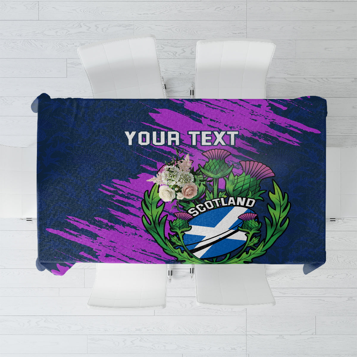 Navy blue tablecloth with purple Scotland thistle crest and green foliage graphic