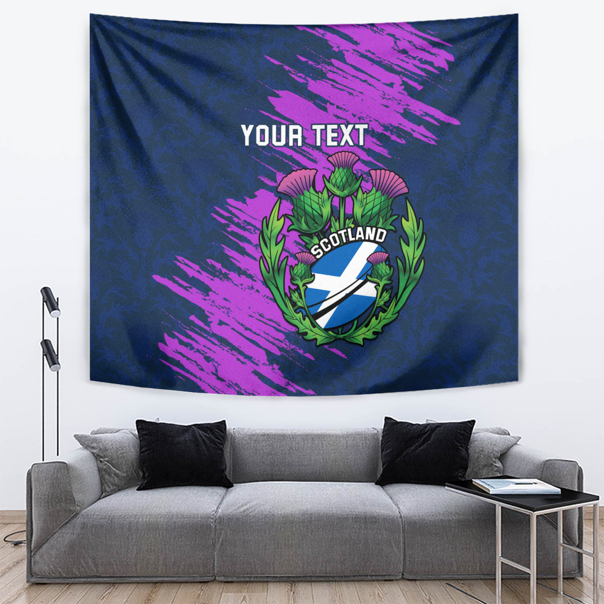 Navy blue Scotland rugby tapestry with purple brush streaks, crest and 'YOUR TEXT'.