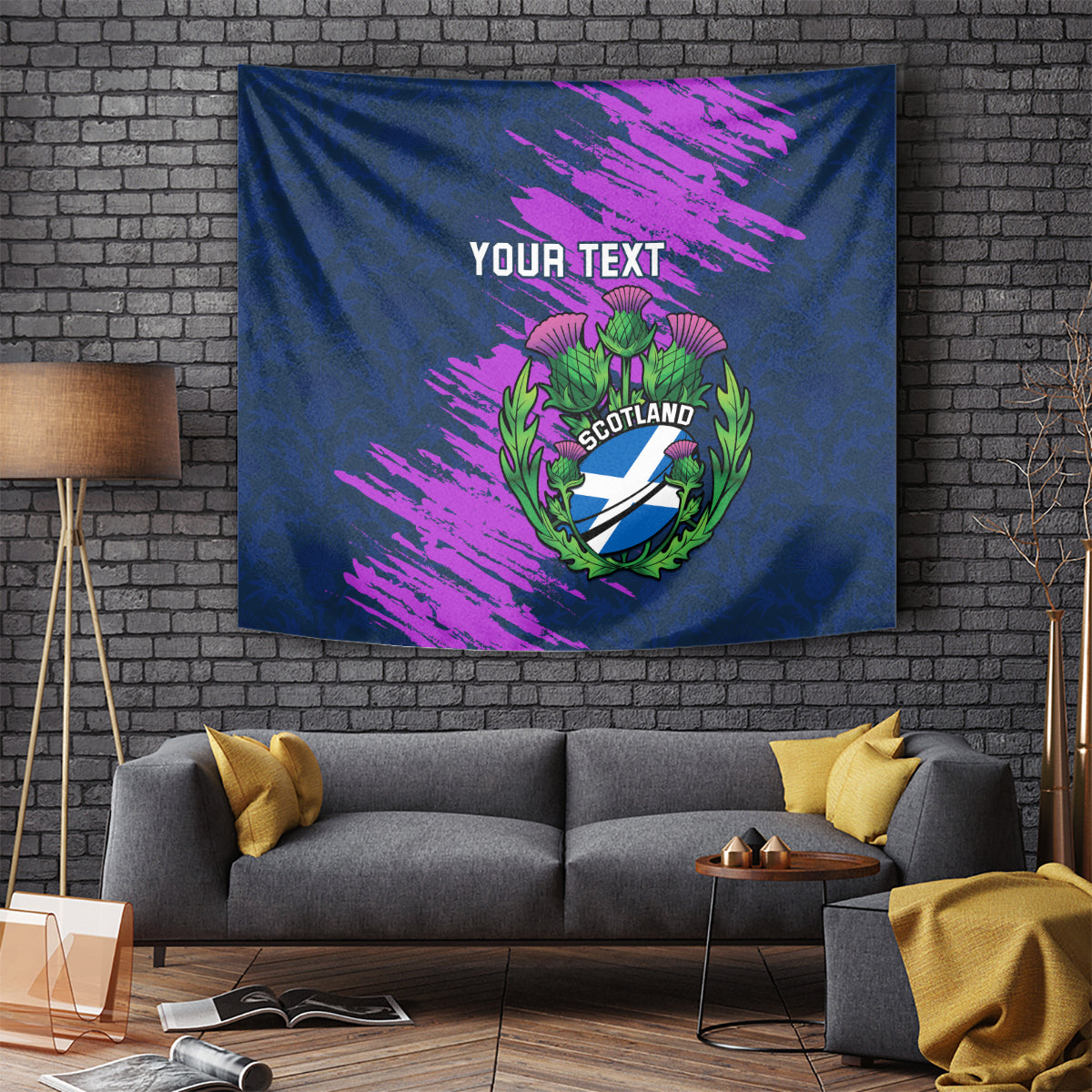 Navy blue Scotland rugby tapestry with purple brush streaks, crest shield and 'YOUR TEXT'.