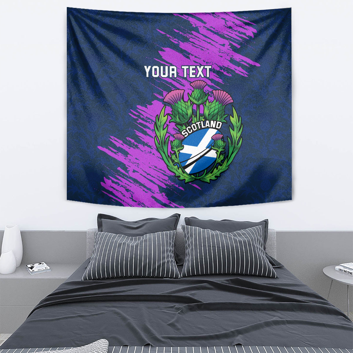 Navy blue Scotland rugby tapestry with purple brush streaks, Scotland crest and 'YOUR TEXT'.