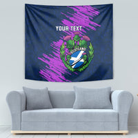 Navy blue Scotland rugby tapestry with Scotland crest, purple streak design, 'YOUR TEXT'.