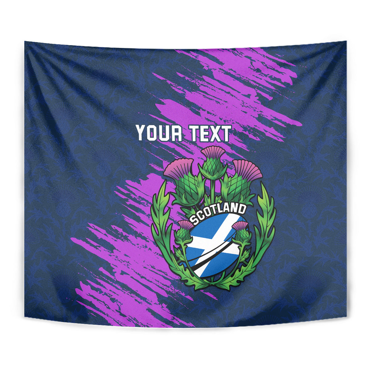 Navy blue Scotland rugby tapestry close-up with purple streaks, crest shield and 'YOUR TEXT'.