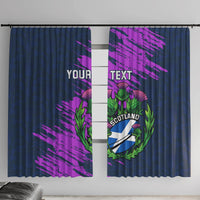 Navy blue window curtain pair with purple brush graphic and Scotland thistle crest