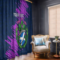 Navy blue window curtain with purple diagonal brush art, 'YOUR TEXT', and Scotland crest
