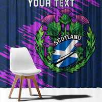 Navy blue window curtain with purple brush background and 'YOUR TEXT' over Scotland thistle