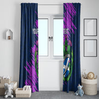 Navy blue window curtain set with purple brush art, 'YOUR TEXT' and Scotland thistle emblem