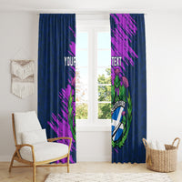 Navy blue window curtain set with purple diagonal graphic and Scotland crest on right panel