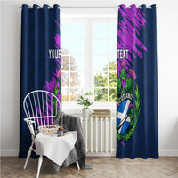 Navy blue window curtains with purple brush print and Scotland thistle crest, top hanging loops