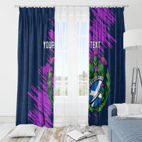 Navy blue window curtain pair with Scotland thistle crest, 'YOUR TEXT' on left panel