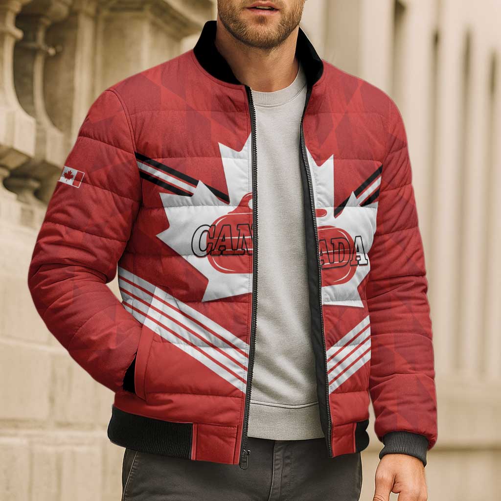 Personalized Canada Curling Bomber Puffer Jacket Maple Leaf Red Version - Wonder Print Shop