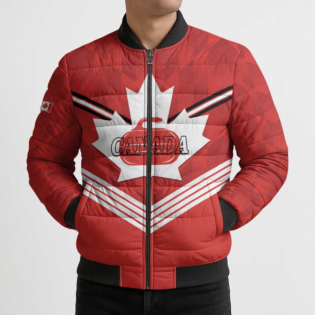 Personalized Canada Curling Bomber Puffer Jacket Maple Leaf Red Version - Wonder Print Shop