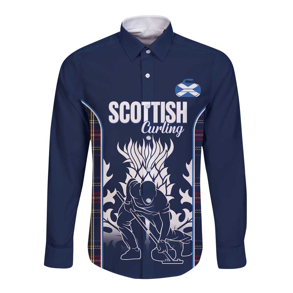 Custom Scotland Curling Long Sleeve Button Shirt Scottish Thistle Mix Tartan Pattern - Wonder Print Shop