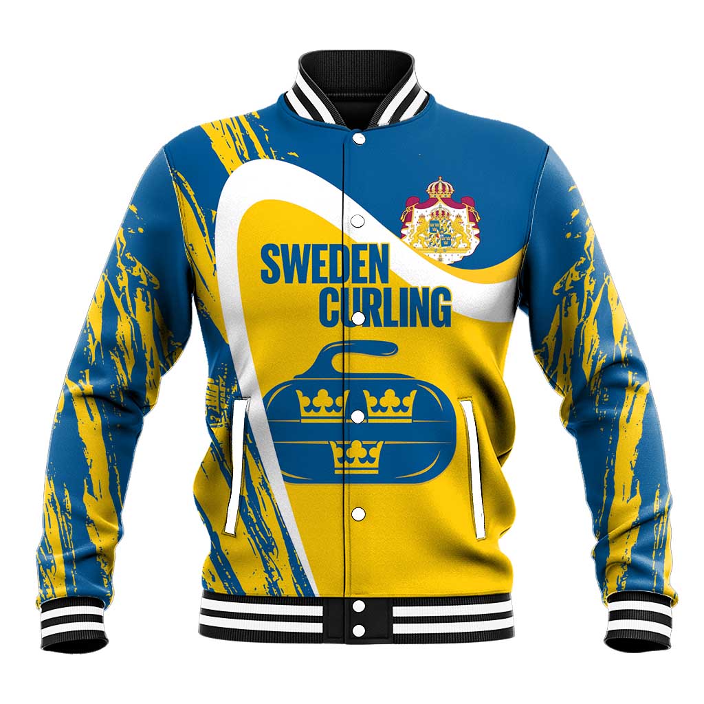 Custom Sweden Curling Baseball Jacket Konungariket Sverige Tre Kronor Grunge Style - Wonder Print Shop