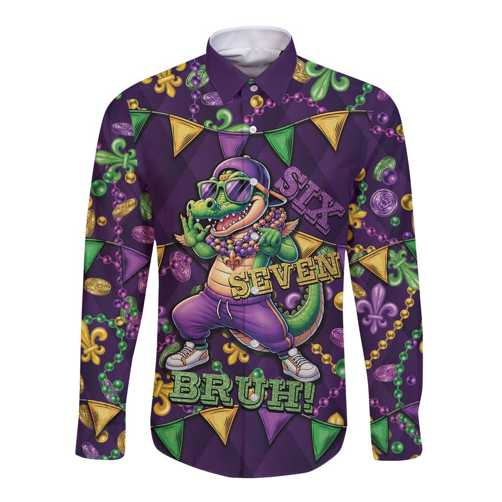 Six Seven Alligator Mardi Gras Long Sleeve Button Shirt 67 Gen Alpha Slang Carnival Beads