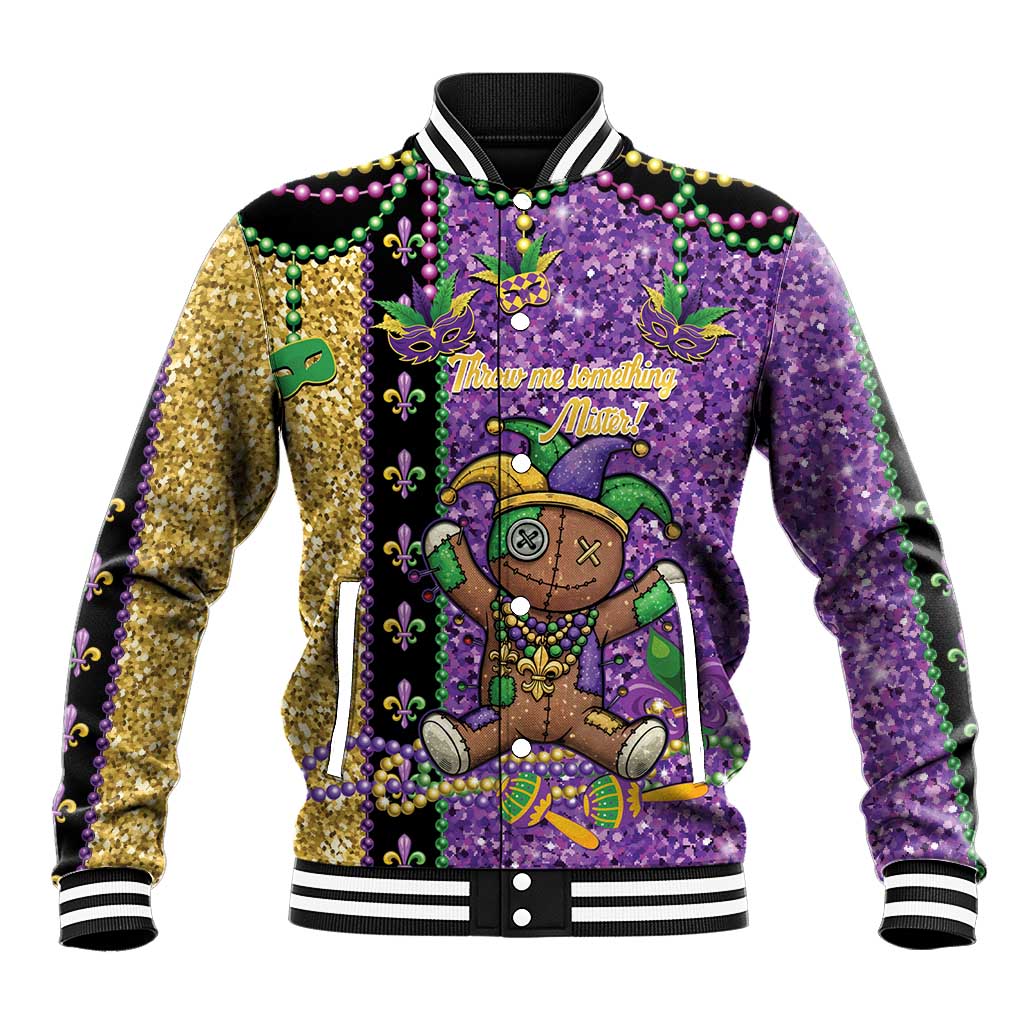 Voodoo Doll Mardi Gras Baseball Jacket Throw Me Something Mister Glitter Effect