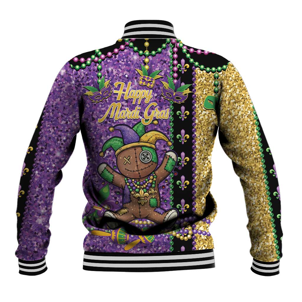 Voodoo Doll Mardi Gras Baseball Jacket Throw Me Something Mister Glitter Effect