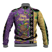 Voodoo Doll Mardi Gras Baseball Jacket Throw Me Something Mister Glitter Effect