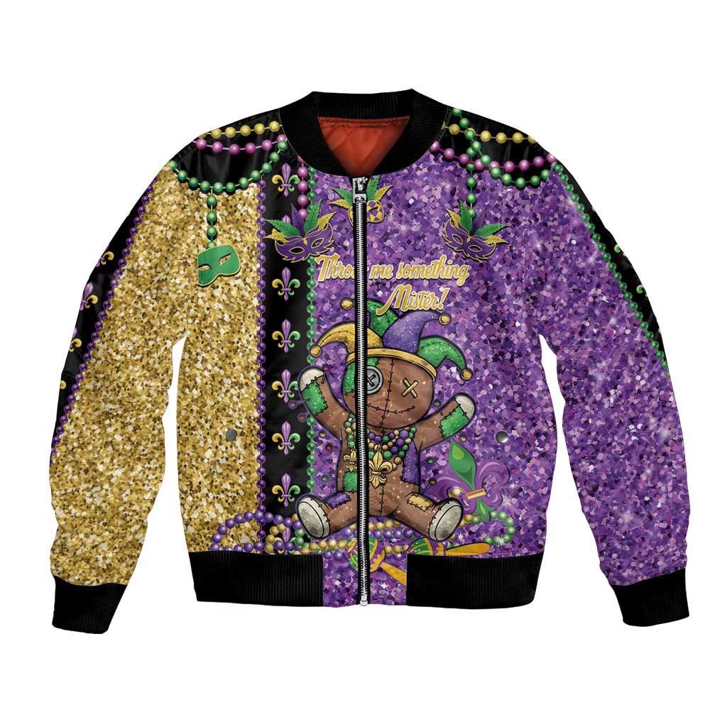 Voodoo Doll Mardi Gras Bomber Jacket Throw Me Something Mister Glitter Effect