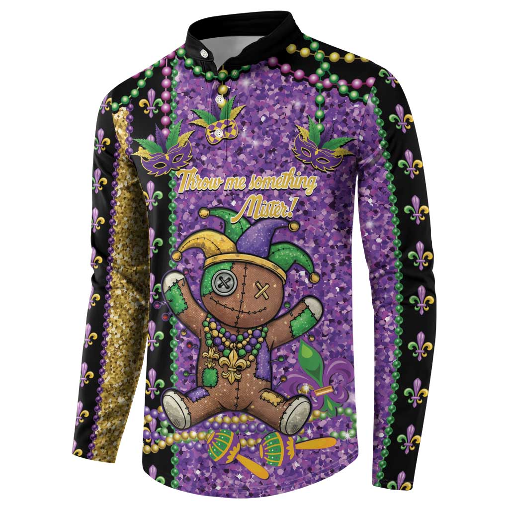 Voodoo Doll Mardi Gras Button Sweatshirt Throw Me Something Mister Glitter Effect