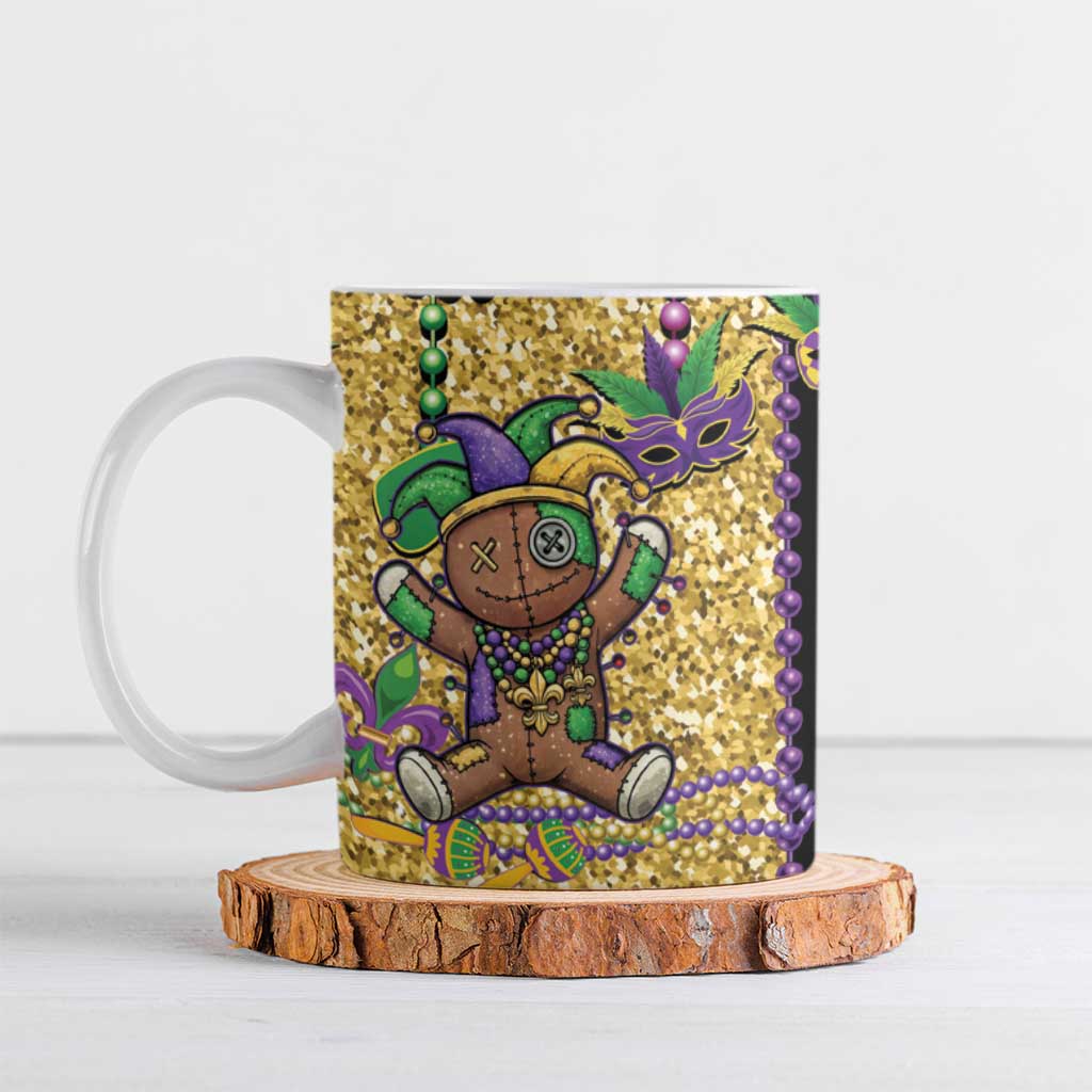 Voodoo Doll Mardi Gras Ceramic Mug Throw Me Something Mister Glitter Effect
