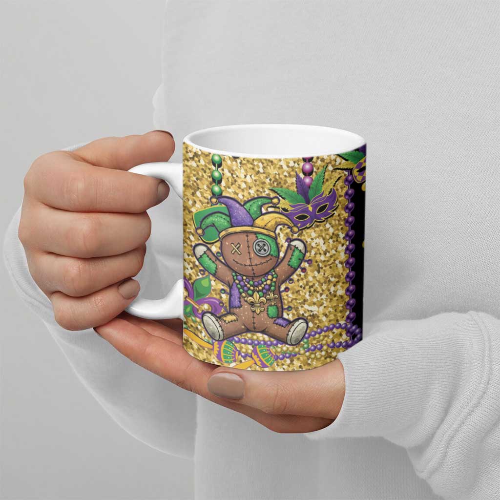 Voodoo Doll Mardi Gras Ceramic Mug Throw Me Something Mister Glitter Effect
