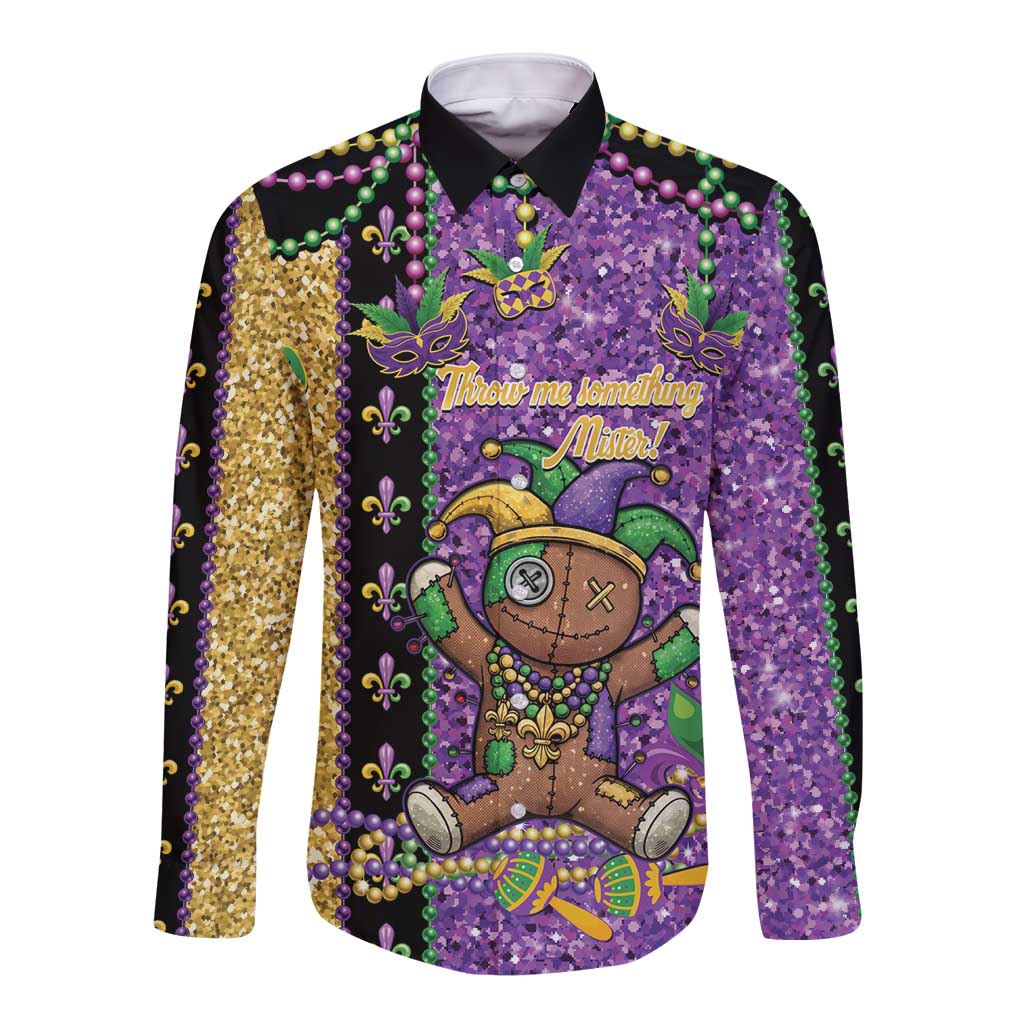 Voodoo Doll Mardi Gras Long Sleeve Button Shirt Throw Me Something Mister Glitter Effect