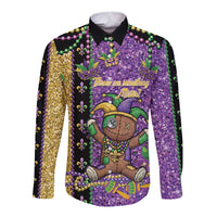 Voodoo Doll Mardi Gras Long Sleeve Button Shirt Throw Me Something Mister Glitter Effect