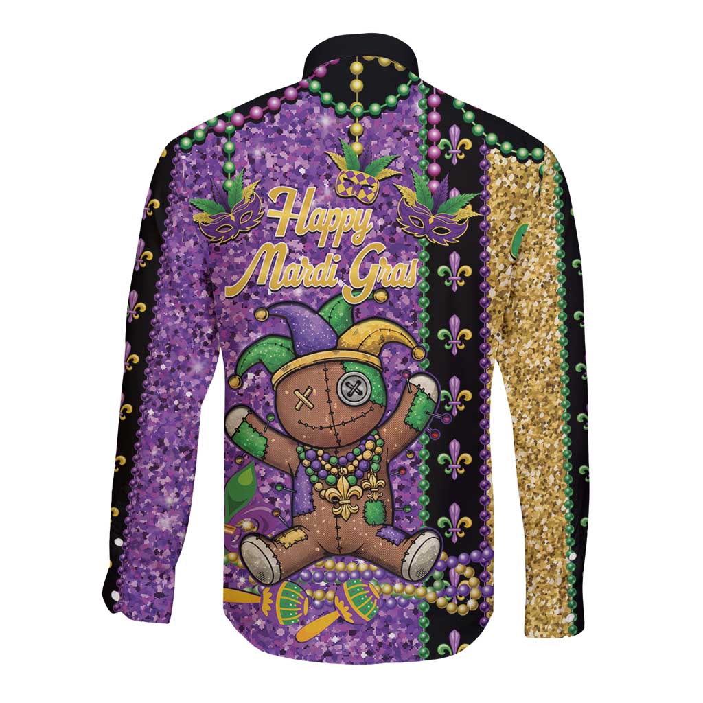 Voodoo Doll Mardi Gras Long Sleeve Button Shirt Throw Me Something Mister Glitter Effect