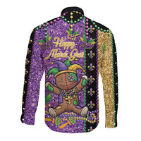 Voodoo Doll Mardi Gras Long Sleeve Button Shirt Throw Me Something Mister Glitter Effect