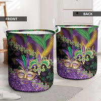 Fleur De Lis Mardi Gras Mask Laundry Basket 504 NOLA Carnival Feathers Glitter Effect