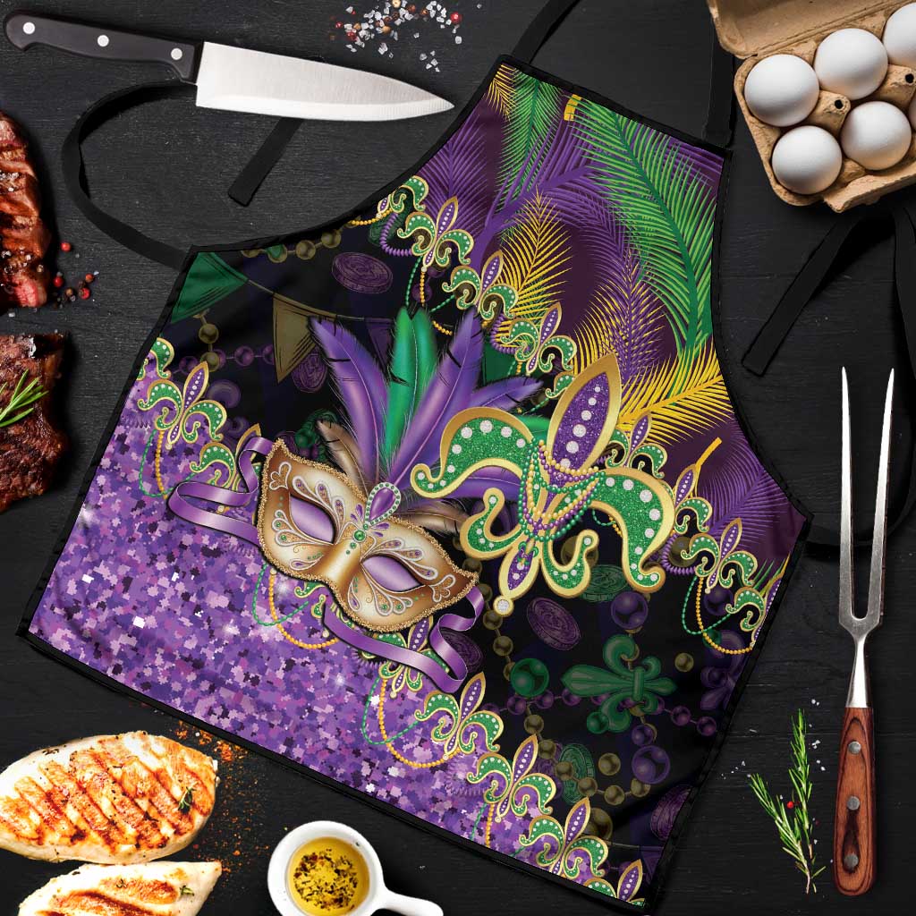 Fleur De Lis Mardi Gras Mask Apron 504 NOLA Carnival Feathers Glitter Effect