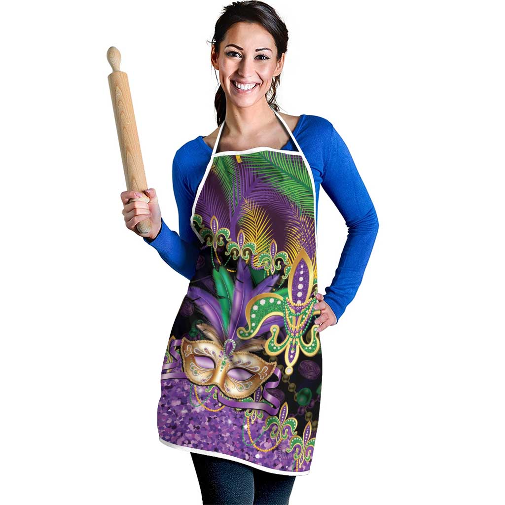 Fleur De Lis Mardi Gras Mask Apron 504 NOLA Carnival Feathers Glitter Effect