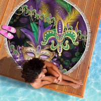 Fleur De Lis Mardi Gras Mask Beach Blanket 504 NOLA Carnival Feathers Glitter Effect