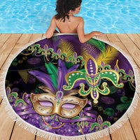Fleur De Lis Mardi Gras Mask Beach Blanket 504 NOLA Carnival Feathers Glitter Effect
