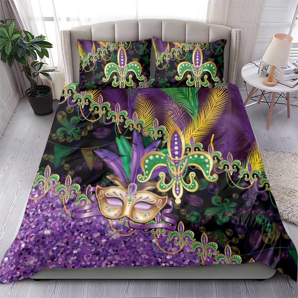Fleur De Lis Mardi Gras Mask Bedding Set 504 NOLA Carnival Feathers Glitter Effect