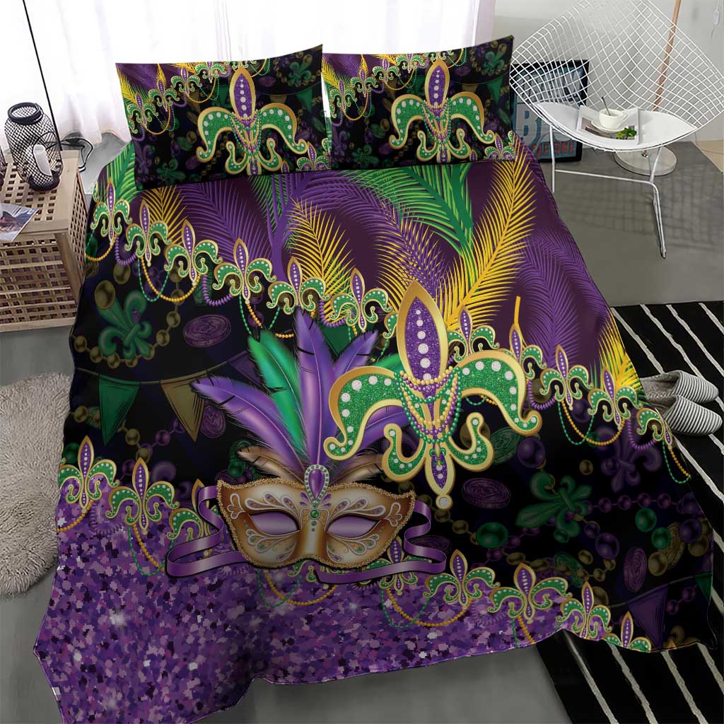 Fleur De Lis Mardi Gras Mask Bedding Set 504 NOLA Carnival Feathers Glitter Effect