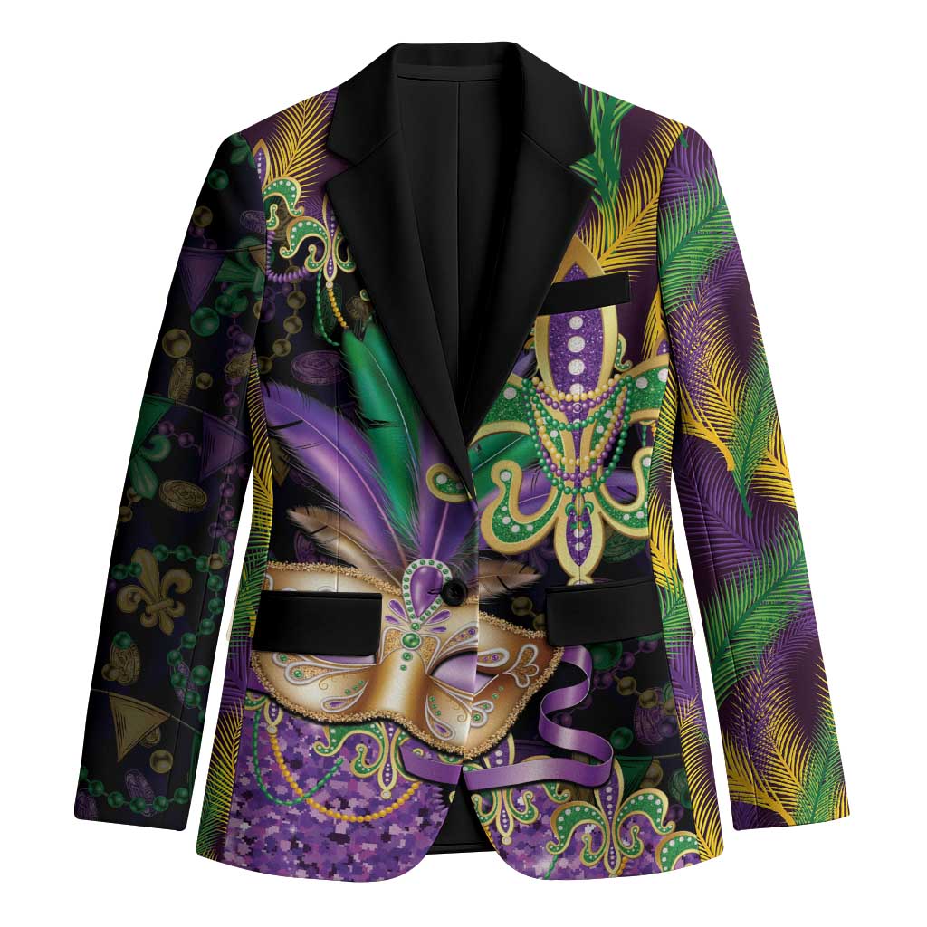 Fleur De Lis Mardi Gras Mask Blazer 504 NOLA Carnival Feathers Glitter Effect