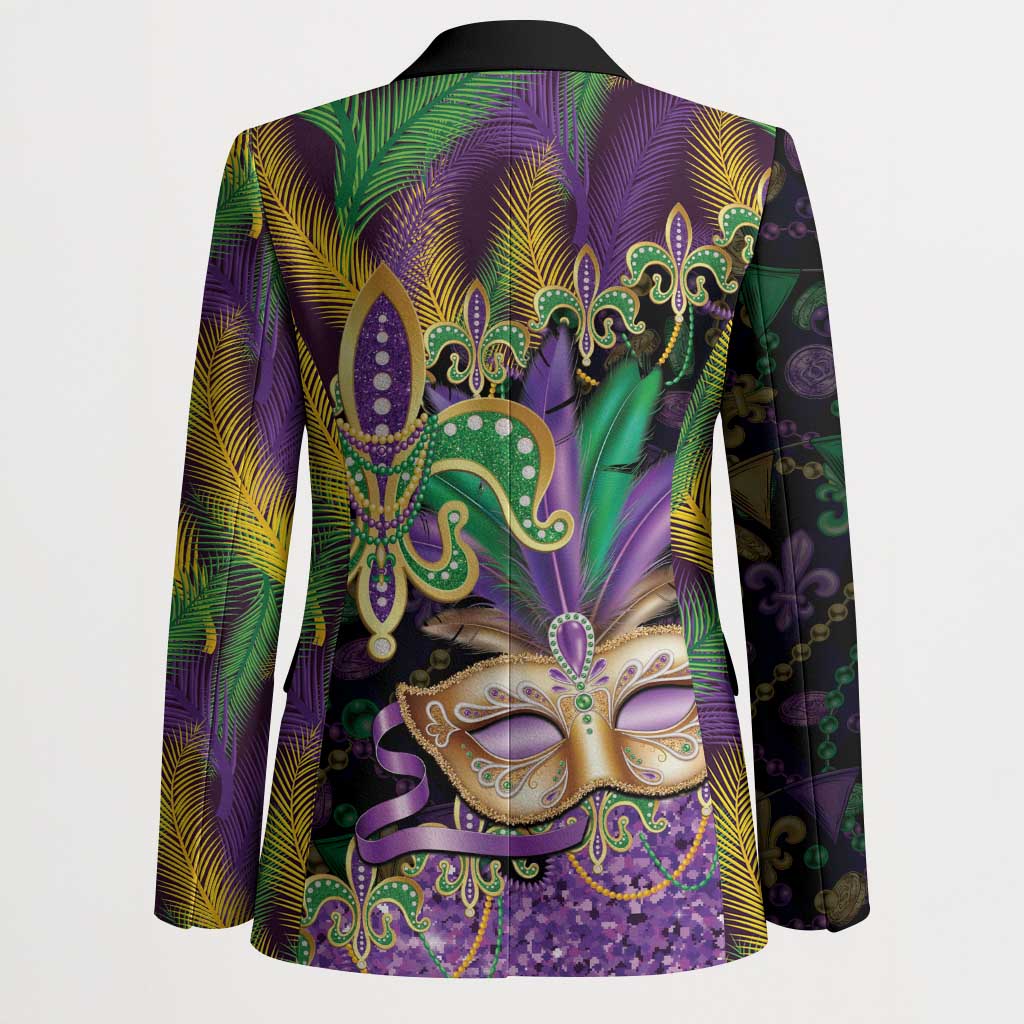 Fleur De Lis Mardi Gras Mask Blazer 504 NOLA Carnival Feathers Glitter Effect