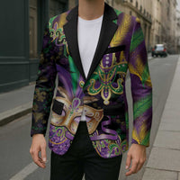 Fleur De Lis Mardi Gras Mask Blazer 504 NOLA Carnival Feathers Glitter Effect