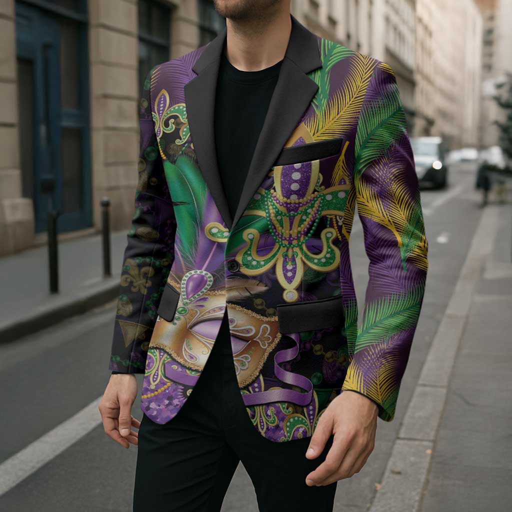 Fleur De Lis Mardi Gras Mask Blazer 504 NOLA Carnival Feathers Glitter Effect