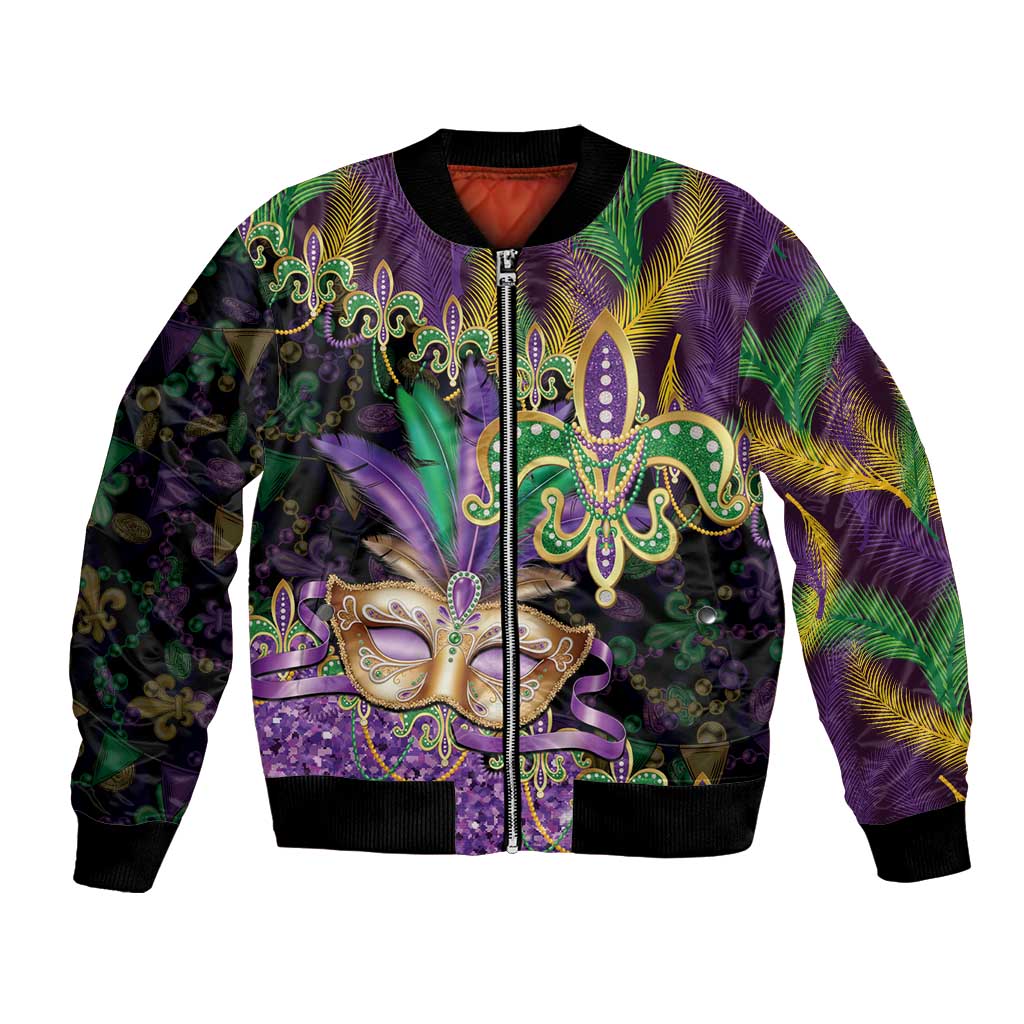 Fleur De Lis Mardi Gras Mask Bomber Jacket 504 NOLA Carnival Feathers Glitter Effect
