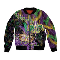 Fleur De Lis Mardi Gras Mask Bomber Jacket 504 NOLA Carnival Feathers Glitter Effect