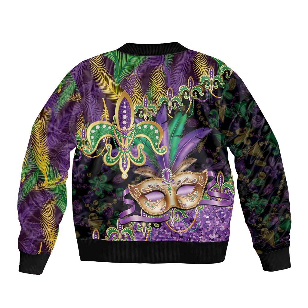 Fleur De Lis Mardi Gras Mask Bomber Jacket 504 NOLA Carnival Feathers Glitter Effect