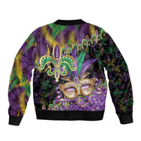 Fleur De Lis Mardi Gras Mask Bomber Jacket 504 NOLA Carnival Feathers Glitter Effect