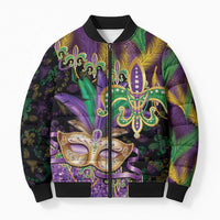 Fleur De Lis Mardi Gras Mask Bomber Puffer Jacket 504 NOLA Carnival Feathers Glitter Effect