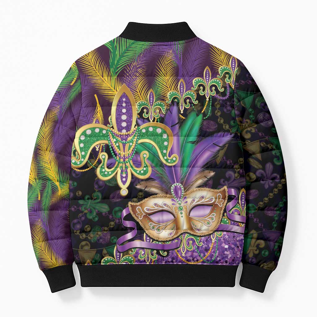 Fleur De Lis Mardi Gras Mask Bomber Puffer Jacket 504 NOLA Carnival Feathers Glitter Effect