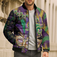Fleur De Lis Mardi Gras Mask Bomber Puffer Jacket 504 NOLA Carnival Feathers Glitter Effect