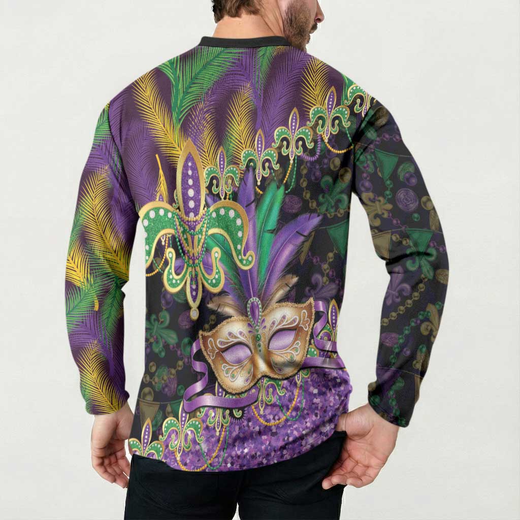 Fleur De Lis Mardi Gras Mask Button Sweatshirt 504 NOLA Carnival Feathers Glitter Effect